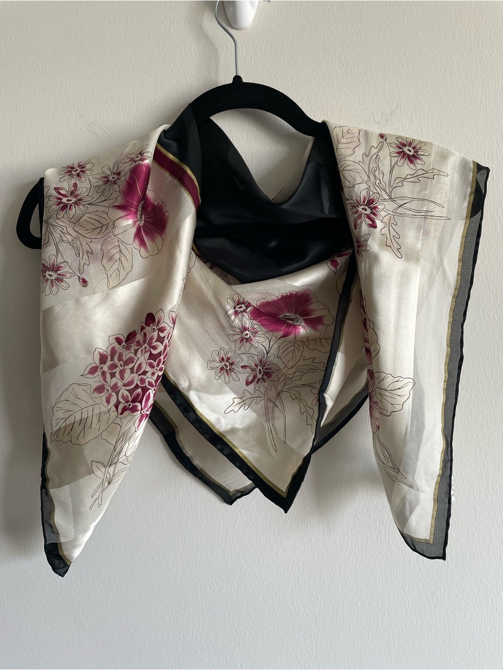 100% Silk Scarf Floral Black Purple Gold Square 32x32